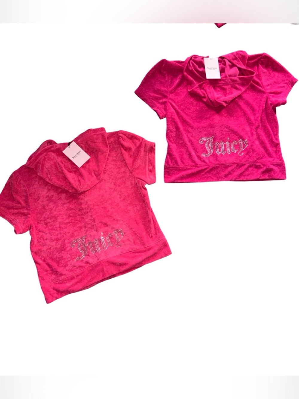JUICY COUTURE RHINESTONE TERRYCLOTH 2 LRG PINK SHORT-SLEEVE ZIP UP HOODIES NWT